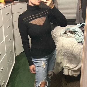 Black Sheer Panel Turtleneck Top